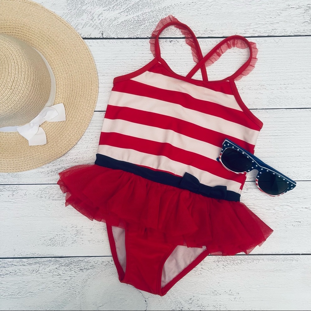 Cat & Jack Girls Red and White Stripe Tutu Swimsuit Size 5T